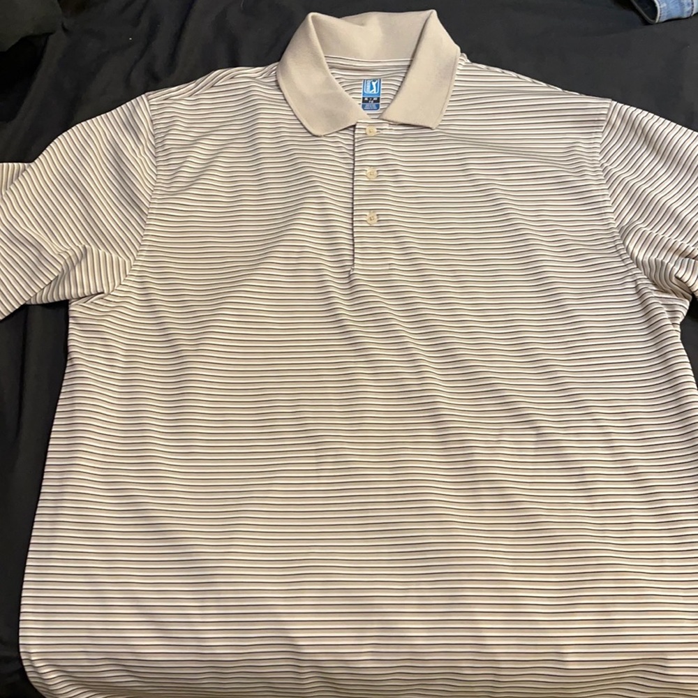Mens XL beige, black and white striped  PGA tour polo shirt